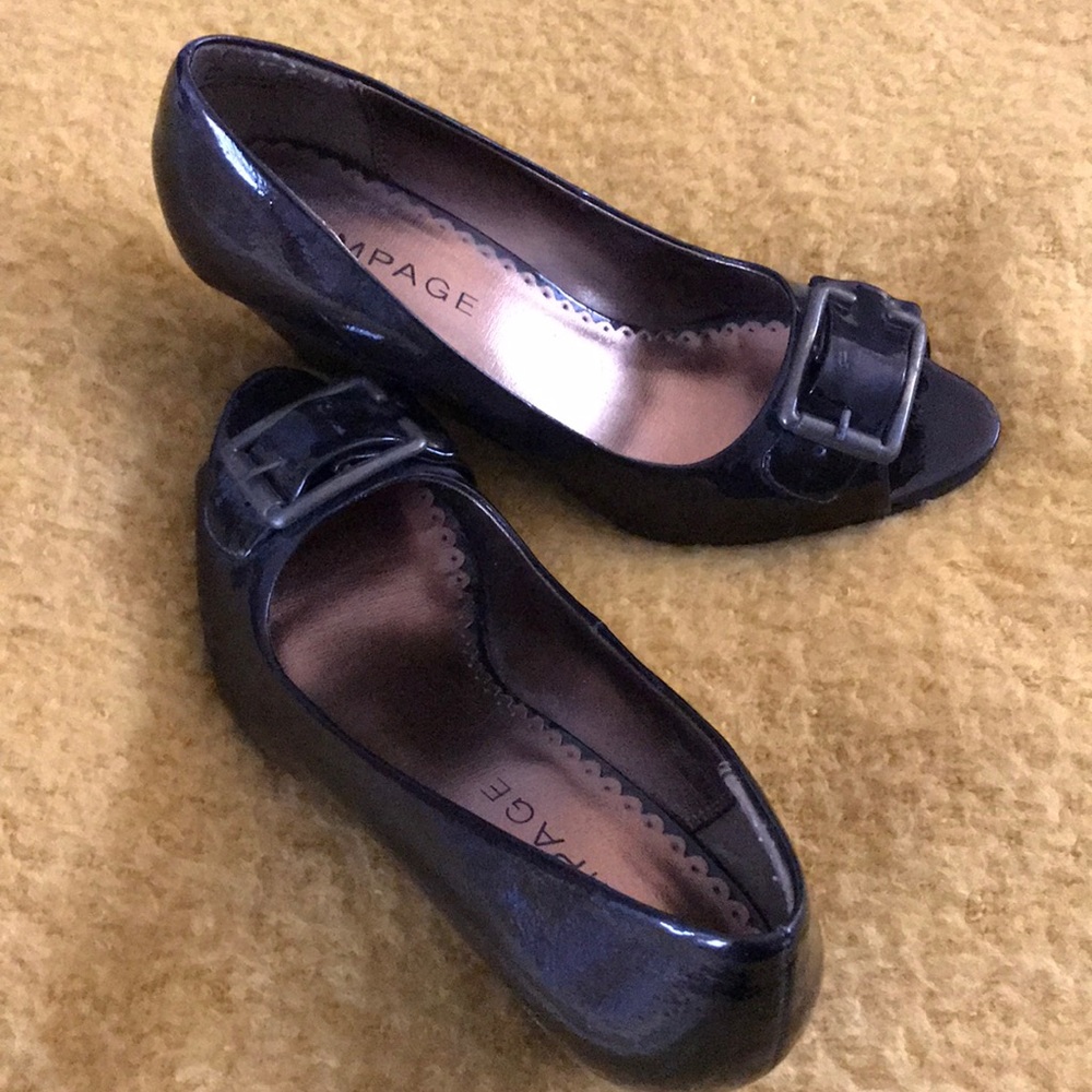 Brown patent, shoes.